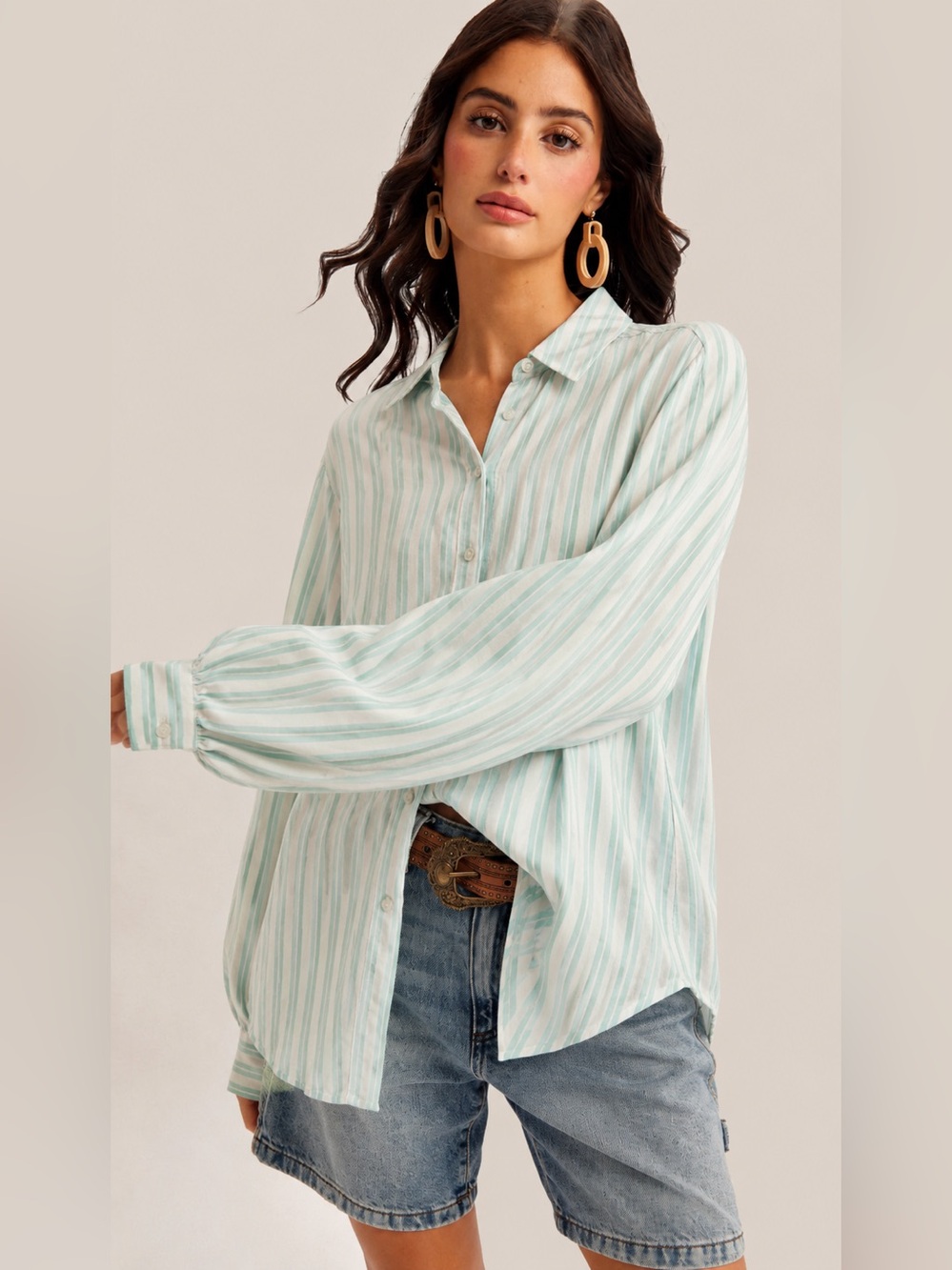 Lauren Conrad Striped Button-Down Shirt Blouse Balloon Sleeves Large Mint White